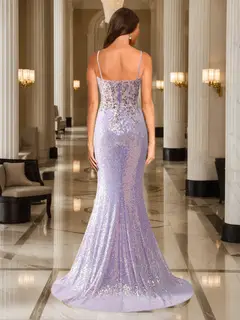 Trumpet/Mermaid Spaghetti Straps Long Sparkling Evening Dresses with Split Side & Appliques — view 2