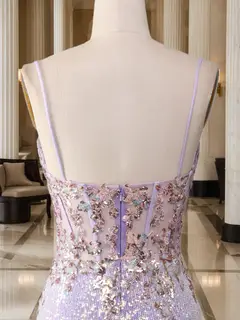 Trumpet/Mermaid Spaghetti Straps Long Sparkling Evening Dresses with Split Side & Appliques — view 4