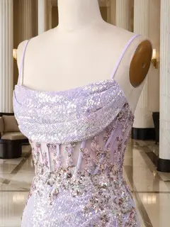Trumpet/Mermaid Spaghetti Straps Long Sparkling Evening Dresses with Split Side & Appliques — view 5