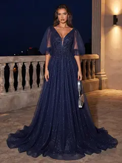 A-Line/Princess V-Neck Short Sleeves Floor-Length Evening Dresses with Beading & Lace — view 1