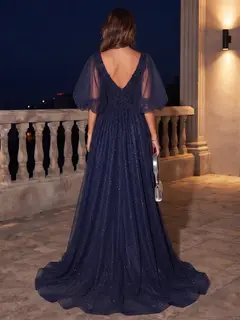 A-Line/Princess V-Neck Short Sleeves Floor-Length Evening Dresses with Beading & Lace — view 2