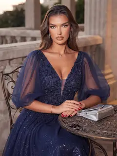 A-Line/Princess V-Neck Short Sleeves Floor-Length Evening Dresses with Beading & Lace — view 3