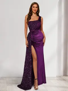 Sheath/Column One-Shoulder Floor-Length Velvet Evening Dresses with Sequins & Split Side — LV11448066 — view 20