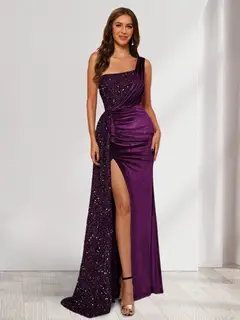 Sheath/Column One-Shoulder Floor-Length Velvet Evening Dresses with Sequins & Split Side — LV11448066 — view 23