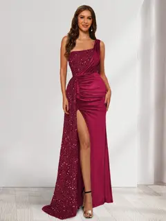 Sheath/Column One-Shoulder Floor-Length Velvet Evening Dresses with Sequins & Split Side — LV11448066 — view 28