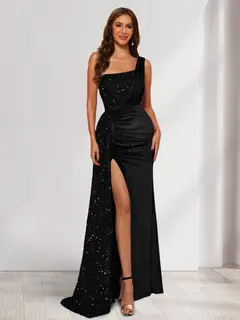 Sheath/Column One-Shoulder Floor-Length Velvet Evening Dresses with Sequins & Split Side — LV11448066 — view 35