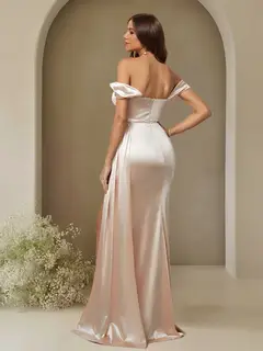Sheath/Column Off-the-Shoulder Sleeveless Ruched Bridesmaid Dresses with Side Slit — view 2