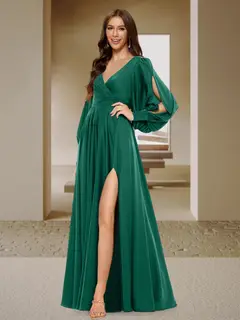 A-Line/Princess V-Neck Long Sleeves Ruched Evening Dresses with Split Side — view 1