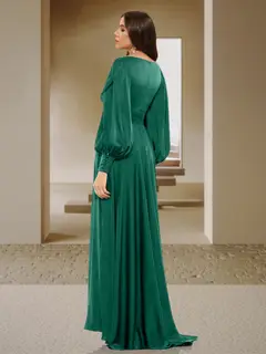 A-Line/Princess V-Neck Long Sleeves Ruched Evening Dresses with Split Side — view 2