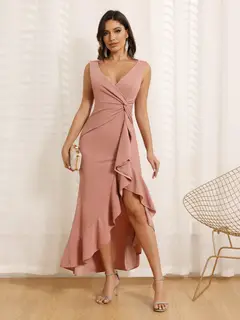 Sheath/Column V-Neck Long Asymmetrical Prom Dresses with Ruffles & Split Side — view 1