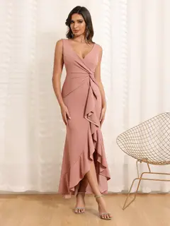 Sheath/Column V-Neck Long Asymmetrical Prom Dresses with Ruffles & Split Side — view 4