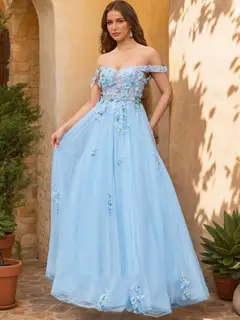 Ball Gown Off the Shoulder Short Sleeves Applique Prom Dresses — view 1