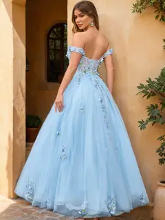 Ball Gown Off the Shoulder Short Sleeves Applique Prom Dresses — view 2