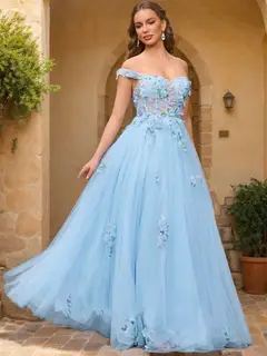 Ball Gown Off the Shoulder Short Sleeves Applique Prom Dresses — view 5