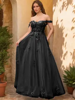 Ball Gown Off the Shoulder Short Sleeves Applique Prom Dresses — view 6