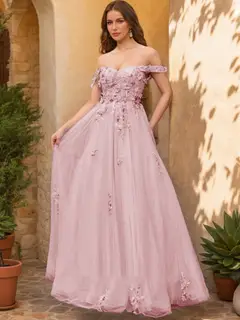Ball Gown Off the Shoulder Short Sleeves Applique Prom Dresses — view 7