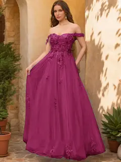 Ball Gown Off the Shoulder Short Sleeves Applique Prom Dresses — view 8