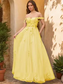 Ball Gown Off the Shoulder Short Sleeves Applique Prom Dresses — view 10