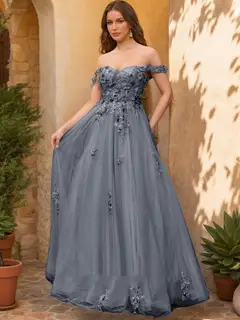 Ball Gown Off the Shoulder Short Sleeves Applique Prom Dresses — view 11