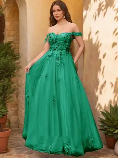 Ball Gown Off the Shoulder Short Sleeves Applique Prom Dresses — view 12