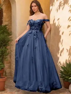 Ball Gown Off the Shoulder Short Sleeves Applique Prom Dresses — view 13
