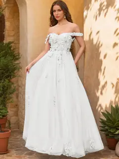 Ball Gown Off the Shoulder Short Sleeves Applique Prom Dresses — view 14