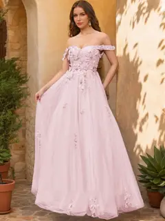 Ball Gown Off the Shoulder Short Sleeves Applique Prom Dresses — view 15