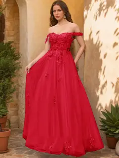 Ball Gown Off the Shoulder Short Sleeves Applique Prom Dresses — view 16