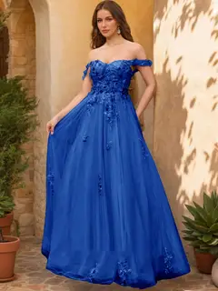 Ball Gown Off the Shoulder Short Sleeves Applique Prom Dresses — view 17