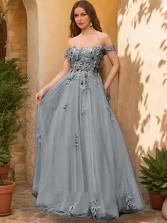 Ball Gown Off the Shoulder Short Sleeves Applique Prom Dresses — view 18