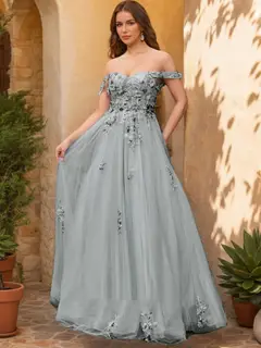 Ball Gown Off the Shoulder Short Sleeves Applique Prom Dresses — view 19