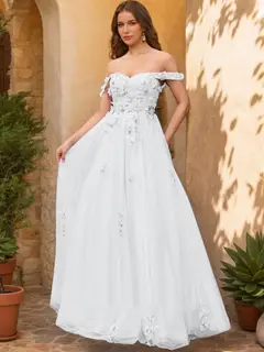 Ball Gown Off the Shoulder Short Sleeves Applique Prom Dresses — view 20