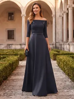 A-Line/Princess 3/4 Sleeves Off-the-Shoulder Floor-Length Mother of the Bride with Ruched — Evening Gown — view 1