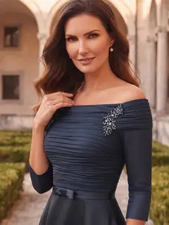 A-Line/Princess 3/4 Sleeves Off-the-Shoulder Floor-Length Mother of the Bride with Ruched — Evening Gown — view 3