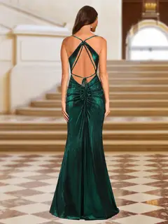 Trumpet/Mermaid Spaghetti Straps Ruched Long Evening Dresses with Split Side — view 2