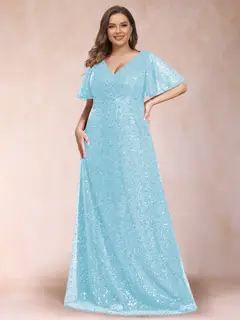 A-Line/Princess V-Neck Sequins Plus Size Mother of the Bride Dresses — view 3