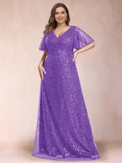 A-Line/Princess V-Neck Sequins Plus Size Mother of the Bride Dresses — view 15