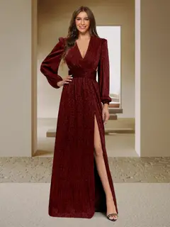 A-Line/Princess V-Neck Long Sleeves Floor-Length Evening Dresses with Split Side — view 1