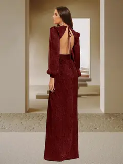 A-Line/Princess V-Neck Long Sleeves Floor-Length Evening Dresses with Split Side — view 2