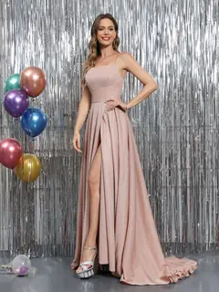 A-Line Sleeveless Metallic Lurex Long Prom Dresses with Spaghetti Straps — view 7