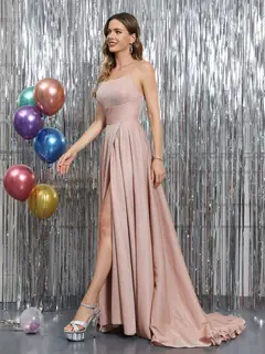 A-Line Sleeveless Metallic Lurex Long Prom Dresses with Spaghetti Straps — view 8