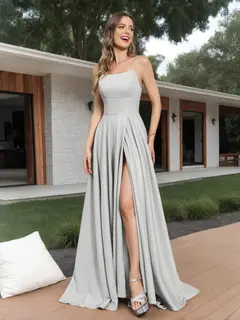 A-Line Sleeveless Metallic Lurex Long Prom Dresses with Spaghetti Straps — view 23