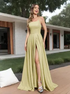 A-Line Sleeveless Metallic Lurex Long Prom Dresses with Spaghetti Straps — view 25