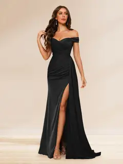 Sheath/Column Off-the-Shoulder Long Evening Dresses with Split Side & Ruched — LV71504386 — view 1