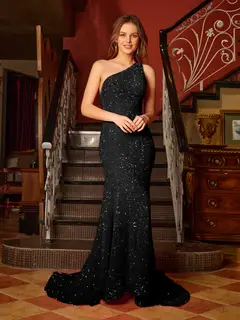 Trumpet/Mermaid One-Shoulder Sleeveless Ruffles Long Tight Prom Dresses — view 8