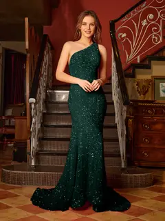 Trumpet/Mermaid One-Shoulder Sleeveless Ruffles Long Tight Prom Dresses — view 10