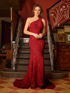 Trumpet/Mermaid One-Shoulder Sleeveless Ruffles Long Tight Prom Dresses — view 19