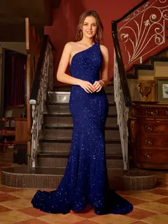 Trumpet/Mermaid One-Shoulder Sleeveless Ruffles Long Tight Prom Dresses — view 25