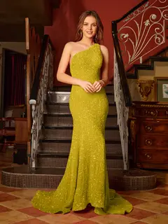 Trumpet/Mermaid One-Shoulder Sleeveless Ruffles Long Tight Prom Dresses — view 29