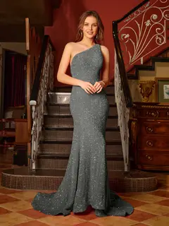 Trumpet/Mermaid One-Shoulder Sleeveless Ruffles Long Tight Prom Dresses — view 31